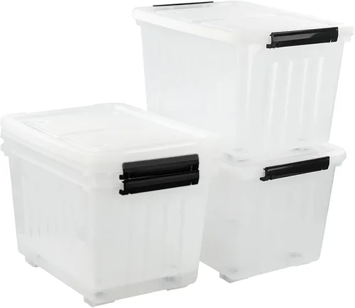 Vista 7 de Bringer Paquete de 4 cajas de almacenamiento de plástico transparente de 30 L, contenedor de almacenamiento grande con ruedas con tapa