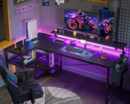 Vista 11 de ODK Escritorio para juegos de 40 pulgadas con tomas de alimentación USB y luces LED, escritorio reversible en forma de L con estantes de Superficie