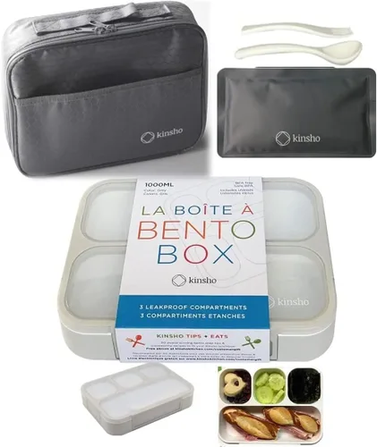 Vista 17 de kinsho Caja Bento con Bolsa de Almuerzo Aislada y Paquete de Hielo. Contenedor de Almuerzo con 3 Compartimentos Divididos Resistentes a Fugas