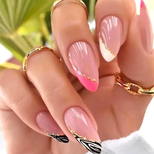 Uñas postizas medianas a presión de almendra, con diseño de remolino de lentejuelas con purpurina, punta francesa, uñas postizas brillantes con