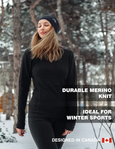 Vista 4 de Merino.tech Conjunto de capa base de lana merina para mujer, ropa interior térmica de lana merino ligera, de peso medio, para mujer, parte superior