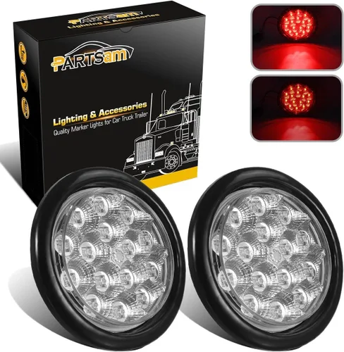 Partsam Luz trasera LED sellada redonda roja de 4 pulgadas, luz trasera de freno/giro/freno de 15 diodos, lente transparente, diseño reflector