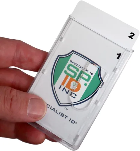 Specialist ID - Soporte para tarjetas de doble cara resistente, capacidad para 2 tarjetas, vertical de policarbonato, insignias de plástico duro