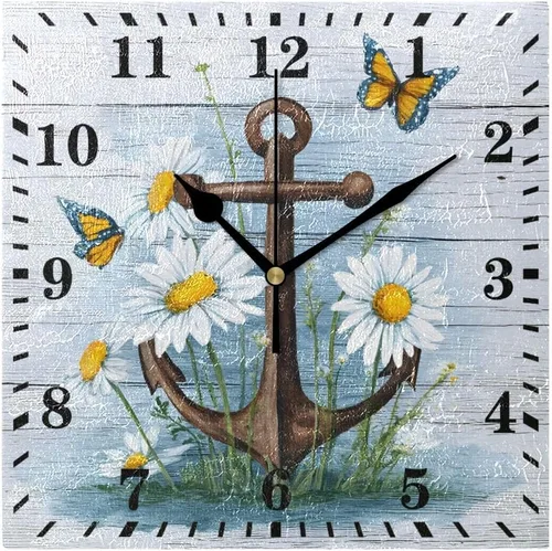 Anchor Boards Butterfies Wall Clock Decorative Hanging Clock Silent Non Ticking Square Clock for Living Room Kitchen Bedroom