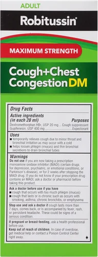 Vista 10 de Robitussin Adult Maximum Strength DM Max para tos + congestión del pecho, supresor de la tos y expectorante, sabor frambuesa, 8 fl oz x 2