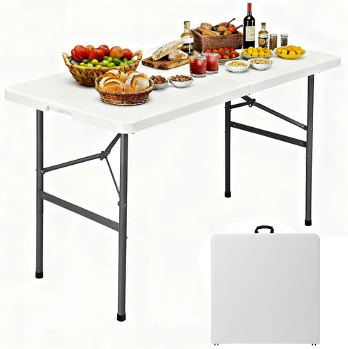 Vista 13 de ZenStyle Mesa plegable resistente de 4 pies, parte superior de plástico y patas de acero, mesa de utilidad para interiores y exteriores con asa