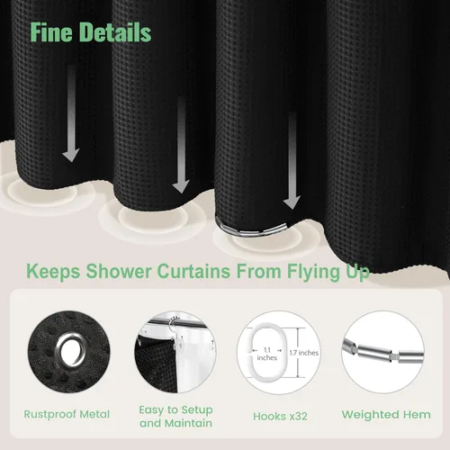 Vista 264 de Cortina de ducha de tela Dynamene verde oscuro - Cortinas de baño de tela de nido de abeja texturizadas resistentes, juego de cortinas de baño