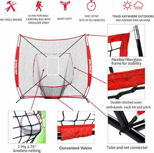 Vista 2 de 7'X7' Baseball Softball Practice Net,Pitching Net,Batting Net,with Baseball Tee,Bonus Strike Zone and Bow Frame,for Hitting,Pitching, Catching
