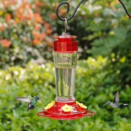 Vista 8 de Shrdaepe Comedero para colibríes, comedero para pájaros con botella de vidrio, 5 puertos de alimentación (rojo y amarillo)