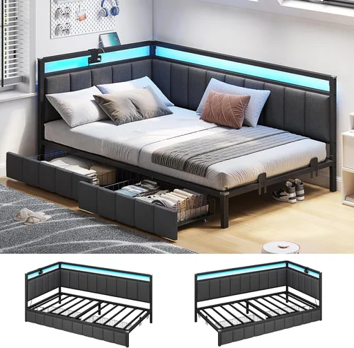 Hasuit Marco de cama esquinero con cajones de almacenamiento, sofá cama individual con valla tapizada de tela de línea, unidad de cama para niños