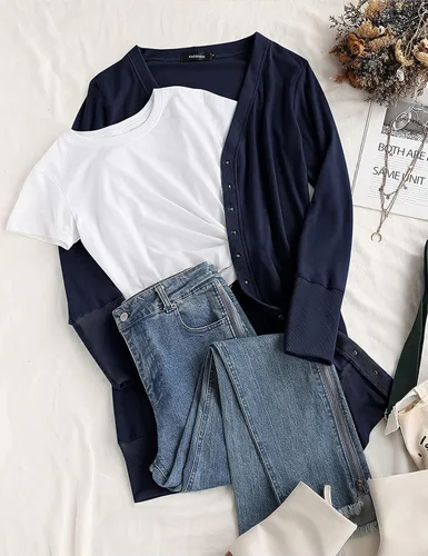 Vista 5 de MEROKEETY - Cárdigans de manga larga con botón de presión, para mujer, color liso, con escote en punto elástico