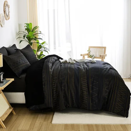 Vista 5 de WONGS BEDDING - Juego de edredón queen de 7 piezas, edredón geométrico de rayas negras y doradas estilo boho para cama queen en una bolsa, juego