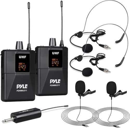 Pyle Pyle PDWMU211 - Sistema de micrófono dual UHF inalámbrico profesional portátil con auriculares/micrófono de solapa, transmisor de cinturón,
