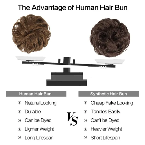 Vista 4 de FESHFEN Moños Desordenados Humanos - 100% Cabello Humano Moño Real Coleteros Piezas de Cabello Extensiones de Cola de Caballo Onduladas Despeinadas