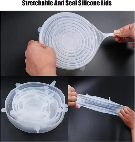 Vista 6 de JIGUOOR Tapas elásticas de silicona, paquete de 6 tapas de silicona reutilizables, fundas de silicona duraderas para almacenamiento de alimentos