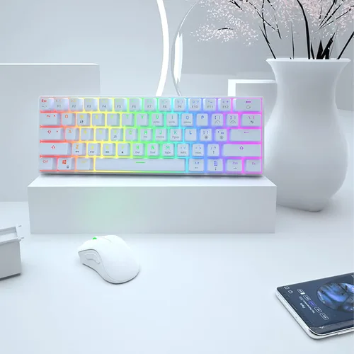 Vista 9 de Teclado mecánico 60% para juegos, interruptor rojo Gateron de 61 teclas, teclado silencioso para computadora de oficina, multicolor, RGB arco iris