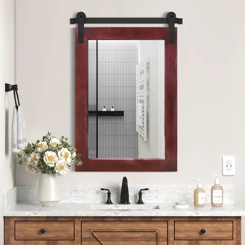 Vista 41 de COGOOD Espejo de puerta de granero de granja, 25 x 18 pulgadas, espejo decrativo con marco de madera rústica para baño, sala de estar, decoración