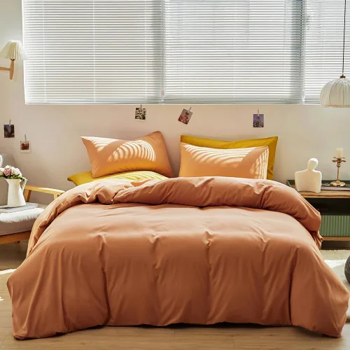Vista 301 de CLOTHKNOW Juego de edredón de 3 piezas a cuadros color beige óxido, tamaño Full, juego de ropa de cama de cuadros edredón terracota con 2 fundas