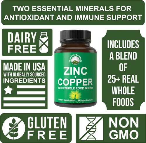 Vista 3 de Peak Performance Zinc con cobre + mezcla de alimentos integrales de 25 verduras y frutas para una máxima absorción, cápsulas de suplemento de apoyo