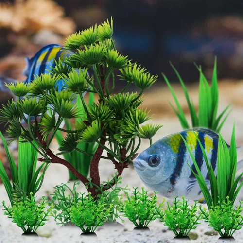 Vista 5 de Decoraciones de plantas de pecera, 10 plantas artificiales para decoración de acuario, decoraciones de peces de árbol de plástico verde para tanque