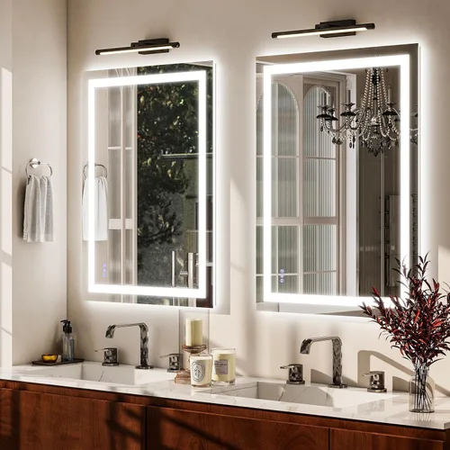 Vista 2 de VooBang Espejo LED de pared con luces, espejo de baño de 24 x 32 pulgadas, botón para ajustar las luces, tres modos de iluminación, vidrio templado