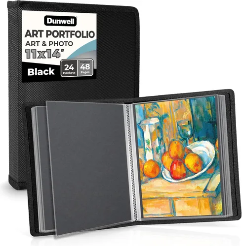 Dunwell Carpeta portafolio de arte de 11x14 con papel de montaje (negro), carpeta grande para almacenamiento de obras de arte, 24 fundas muestran 48