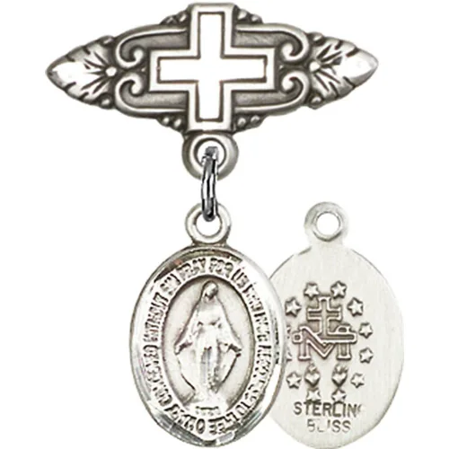 Insignia de bebé de plata esterlina con dije milagroso y pin de insignia con cruz de 1 x 3/4 pulgadas