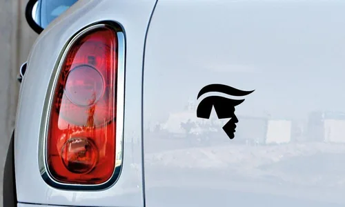 Vista 2 de Trump Face Hair Logo, vinilo para auto, camiones, parabrisas, paredes, ventanas, defensa, iPad, laptop Macbook, el hogar y más, 1. Blanco