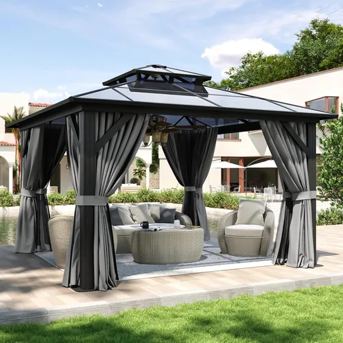 Vista 19 de Aoxun - Gazebo con techo rígido para jardines, patios con cemento o césped, pabellón permanente de policarbonato con doble techo, marco de aluminio