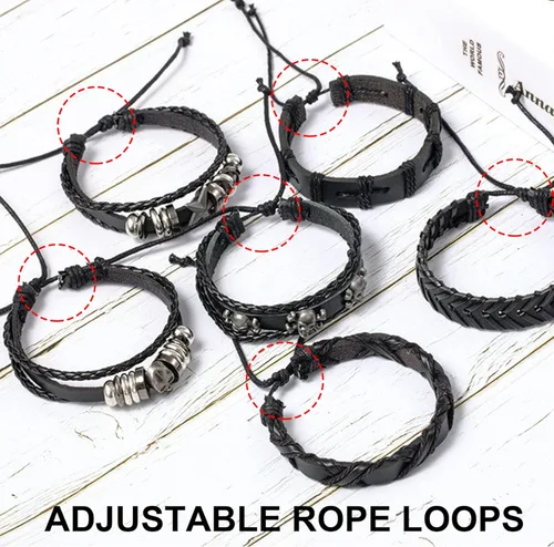 Vista 6 de Black Leather Bracelet, 6Pcs/Set Adjustable Braided Soft Elastic Goth Bracelets, Rock Punk Halloween Skull Bracelet for Men Women