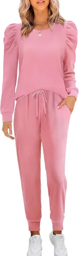 Vista 2 de Onedreamer Conjunto deportivo de 2 piezas para mujer, manga larga abombada, cuello redondo, sudadera para correr, conjunto de descanso