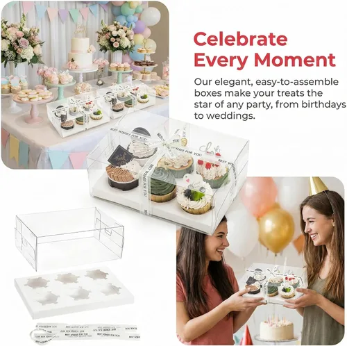 Vista 6 de Cedilis Paquete de 15 cajas transparentes para cupcakes, 6 recipientes para cupcakes con cinta de regalo, soporte de plástico para cupcakes