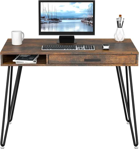 Vista 23 de SHW Escritorio de patas con horquilla para computadora de oficina en casa con cajón, color negro