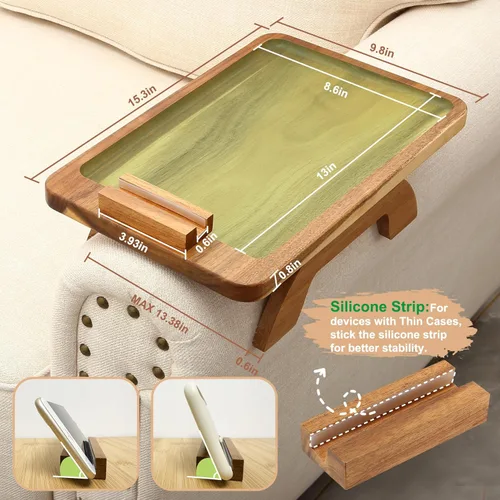 Vista 6 de SINWANT Mesa de Brazo para Sofá, Mesas de Reposabrazos de Sofá de Madera de Acacia, Mesa de Reposabrazos de Sofá con Soporte para Teléfono de 360°