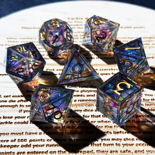 Vista 7 de Juego de Dados de Resina de Doble Capa 7 piezas/ Efecto de Vidrio Manchado y Números Dorados/Dados Poliédricos de Borde Afilado/Aplicable a