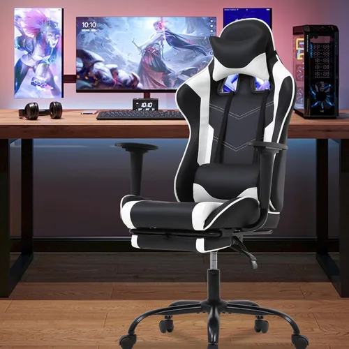 Vista 31 de Sillas de cuero sintético con respaldo alto, silla de computadora con reposacabezas y soporte lumbar, asiento ancho ajustable en altura ajustable