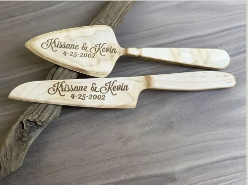 Vista 3 de Personalized Cake Serving Set, Laser Engraved Cake Set,Wedding Gift,Anniversary Gift,Wooden Knife And Server,Rustic Cake Set,Wedding Cake Cutting