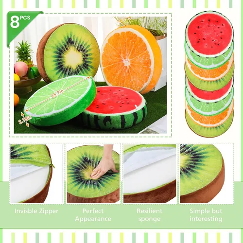 Vista 2 de Coume 8 almohadas redondas de frutas de 15.7 pulgadas, cojines de suelo 3D sandía, kiwi, limón, naranja, cojines decorativos para silla, asiento