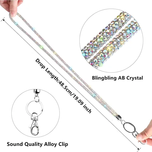 Vista 3 de Correa de cuello de cristal redondo de 34.8 pulgadas, soporte para insignia de identificación, collar de diamantes de imitación, clip de carrete
