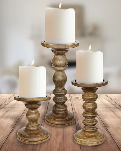 Vista 10 de Portavelas grandes para velas de pilar (juego de 3 piezas) altos de madera rústica para velas de pilar de 4 pulgadas de ancho, decoración moderna