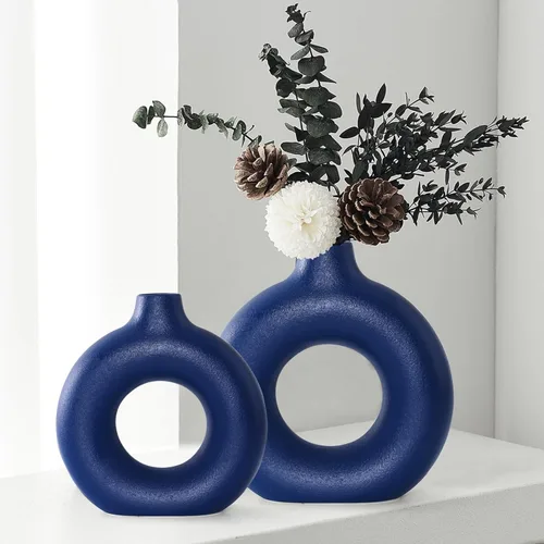Vista 12 de Juego de 2 jarrones de cerámica negra con forma de rosquilla, grandes jarrones redondos huecos mate de flores de pampas para decoración bohemia