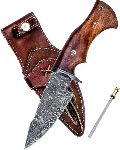 LC - Cuchillo de caza de 10 pulgadas hecho a mano de Damasco y afilador de cuchillas, cuchillo de caza con vaina, cuchillo de supervivencia con