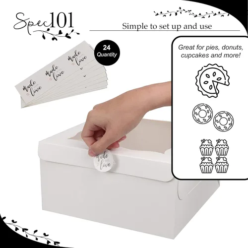 Vista 3 de Spec101 Cajas cuadradas para pasteles con ventana, paquete de 24 recipientes desechables para pasteles con calcomanías, cajas blancas para tartas