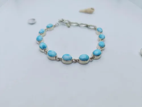 Vista 4 de Pulsera de cadena de eslabones de larimar natural de forma ovalada para mujer, piedra azul 925, hecha a mano, ajustable, pulsera para ella, Piedra
