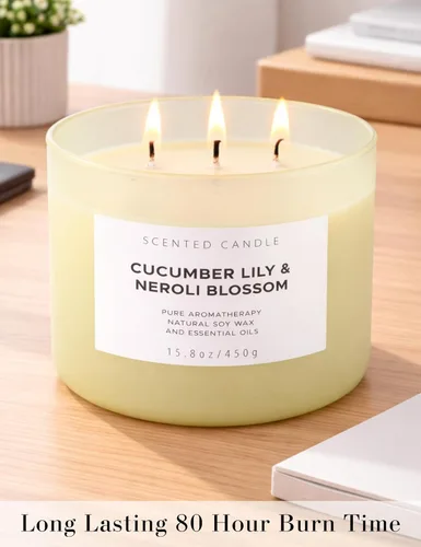 Vista 6 de Vela perfumada de soja de 3 mechas de lirio de pepino y neroli, 15.8 onzas, vela de aromaterapia fresca de spa, vela perfumada grande para el hogar