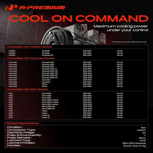 Vista 2 de A-Premium Compresor de aire acondicionado con embrague Compatible con Chevrolet Silverado 1500 2019-2024, Silverado 2500/3500 HD 2020-2025 y GMC