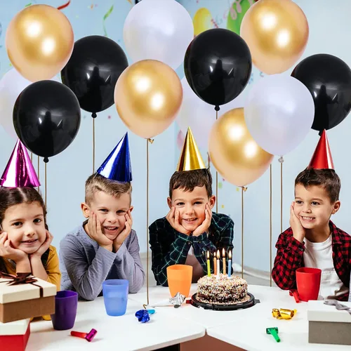 Vista 4 de Globo de látex blanco y negro de 12 pulgadas, globos metálicos dorados y cinta de globos para baby shower, cumpleaños, boda, fiesta, decoración