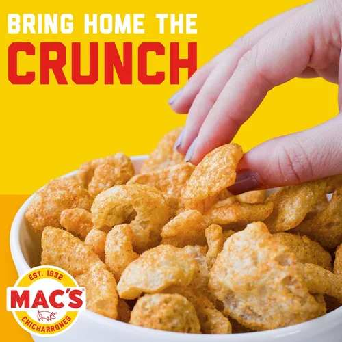 Vista 6 de Mac's Cortezas de Cerdo con Sabor a Chile y Lima - Chicharrones Saborizados con Chile y Lima - Mezcla para Fiesta de 4oz (Paquete de 9)