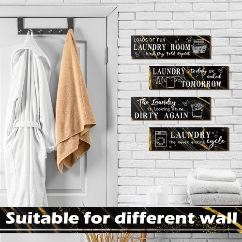 Vista 7 de Yulejo 4 piezas de decoración de pared para cuarto de servicio, divertido letrero de madera con citas humorísticas, decoración rústica de granja