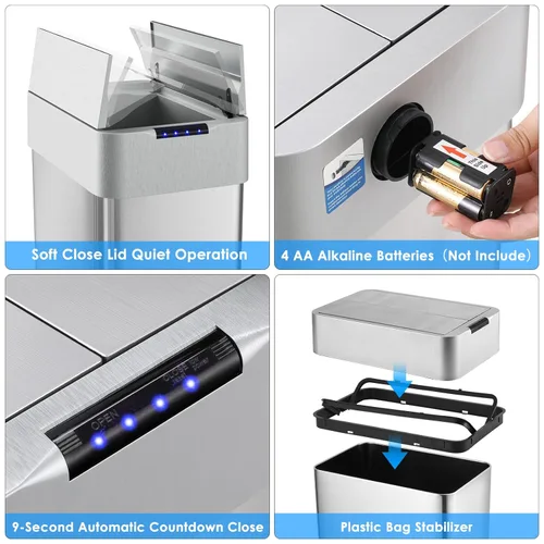 Vista 7 de Arlopu Basurero automático de 18.5 galones, cubo de basura de acero inoxidable con sensor de movimiento de 70 pulgadas, papelera cepillada sin